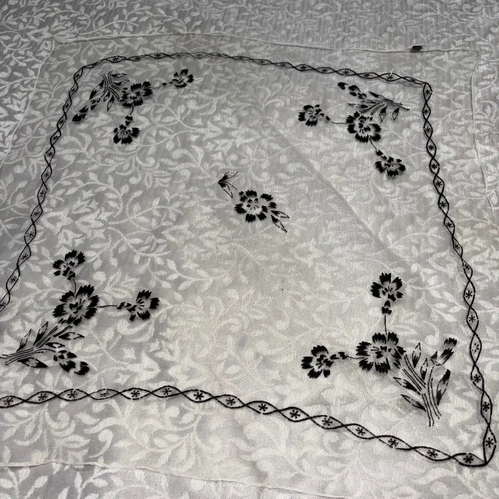 Vintage Made in Japan Sheer White Scarf Black‎ Floral Flocked Square Neckerchief